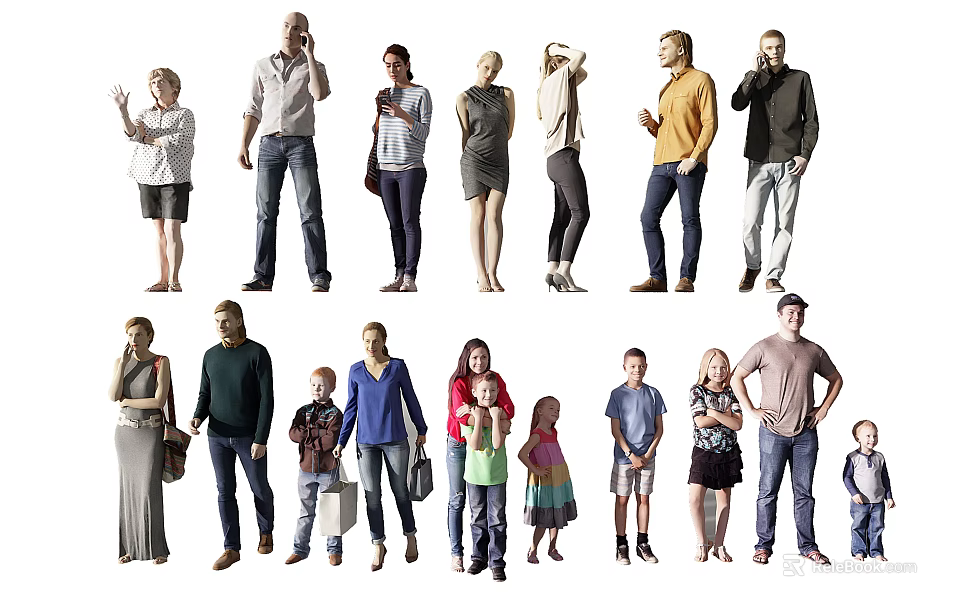 Diverse Group of People With Various Ages Different Poses and Casual Clothing 3d model 