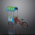 Red Bicycle with Blue and Yellow Striped Canopy and Blue White Cart