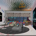 Modern Cyberpunk Interior With Neon Lights Radiation Sign Bean Bag Sofas Round Rug And Posters