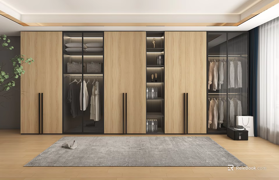 Modern Wardrobe Interior With Wooden Cabinets Glass Doors Hanging And Folded Clothes 3d model 