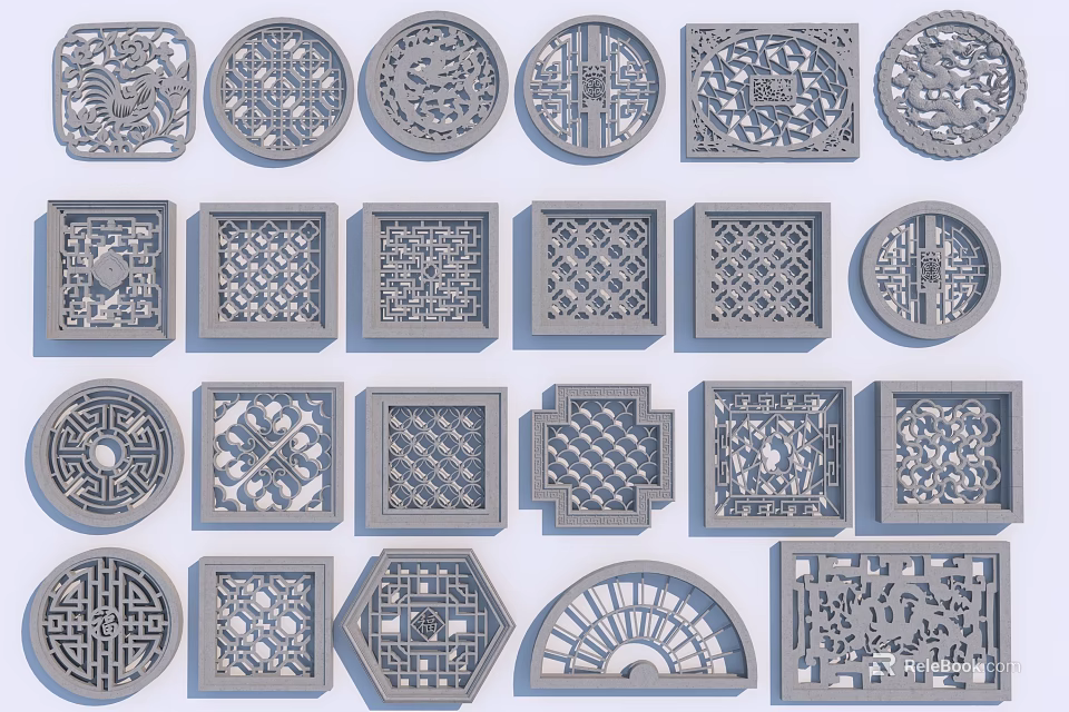Collection of Carved Windows with Various Shapes and Intricate Patterns 3d model 
