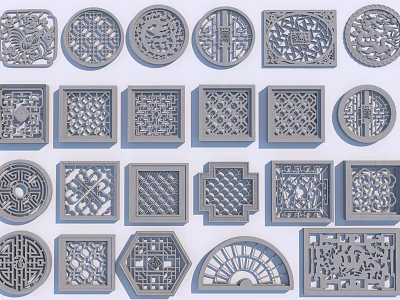 Collection of Carved Windows with Various Shapes and Intricate Patterns 3d model