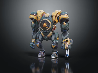 Smart Robot With Yellow And Gray Mechanical Armor Sci Fi Design Holding Weapon 3d model