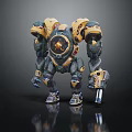 Smart Robot With Yellow And Gray Mechanical Armor Sci Fi Design Holding Weapon