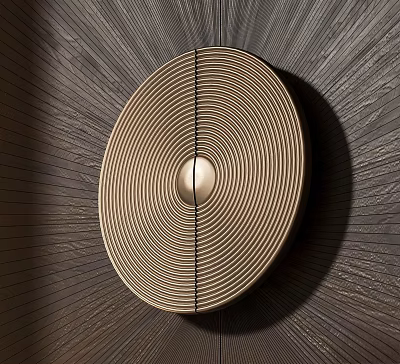 Circular Door Handle With Concentric Texture And Central Dot On Dark Wooden Grain Background 3d model