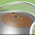 Outdoor Relaxation Space With Circular Wooden Deck Curved Mesh Railing Two Chairs And Small Table