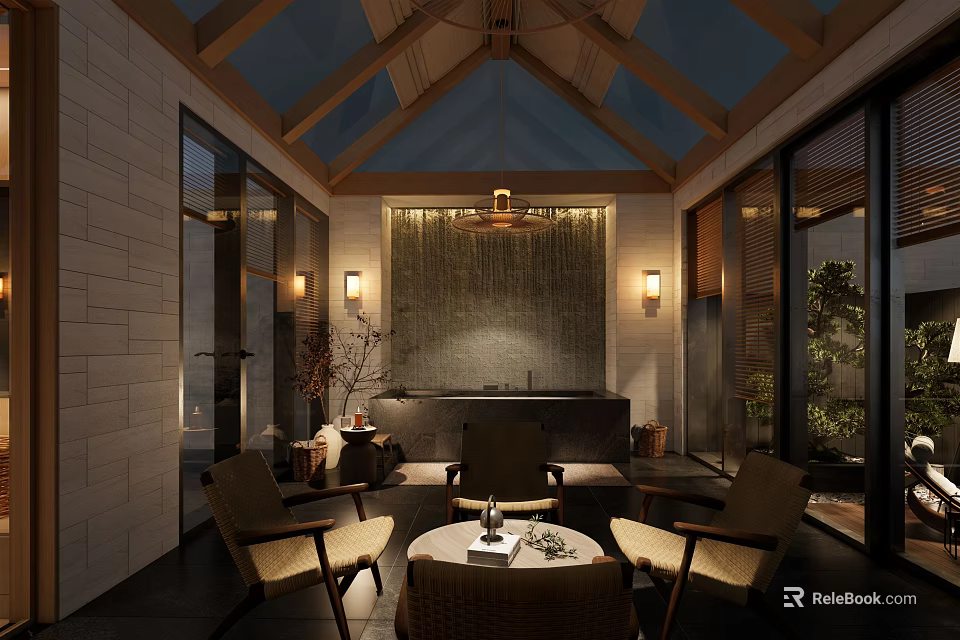 Villa Balcony Design With Outdoor Seating Wooden Ceiling And Natural Landscape View 3d model 