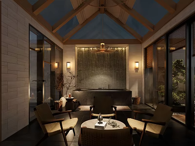 Villa Balcony Design With Outdoor Seating Wooden Ceiling And Natural Landscape View 3d model