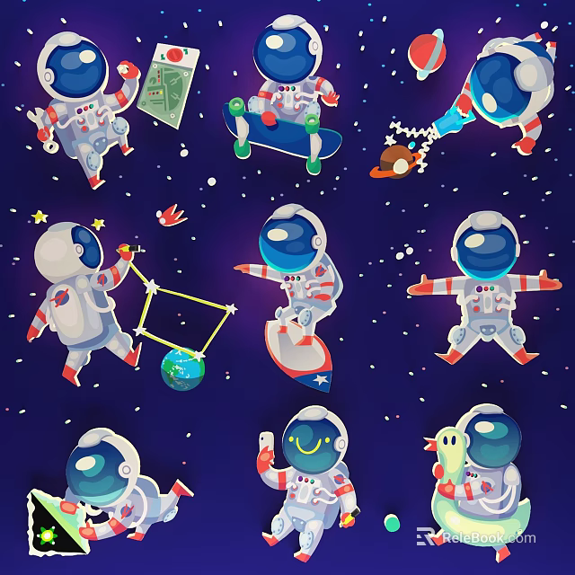 Astronaut Themed Wall Decor with Deep Blue Starry Sky Featuring Earth Skateboard Rocket Patterns 3d model