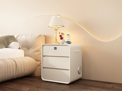 Modern White Bedside Table With Drawer Table Lamp And Figurines In Bedroom With Wooden Floor 3d model