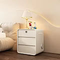 Modern White Bedside Table With Drawer Table Lamp And Figurines In Bedroom With Wooden Floor