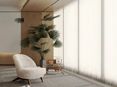 Modern Home Balcony With White Fluffy Armchair Tall Palm Plant White Curtains And Gray Carpet 3d model