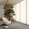Modern Home Balcony With White Fluffy Armchair Tall Palm Plant White Curtains And Gray Carpet