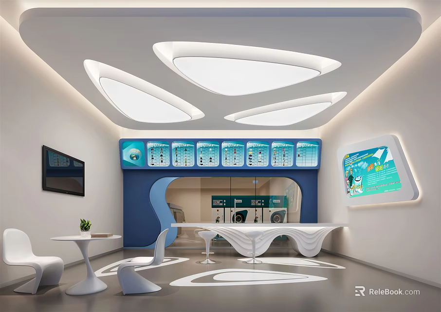 Modern Shopping Mall Store Interior With Curved Ceiling Lights Blue Walls And White Furniture 3d model 