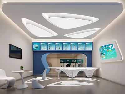 Modern Shopping Mall Store Interior With Curved Ceiling Lights Blue Walls And White Furniture 3d model