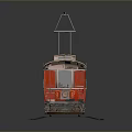 Vintage Red Tram with Green Roof and Classic Windows on Metal Tracks and Overhead Wires