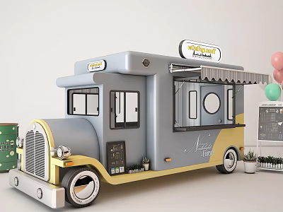 Gray And Yellow Food Truck With Nourish Sign Awning Vintage Wheels Plants And Menu Board 3d model