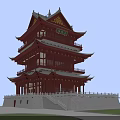 Traditional Chinese Ancient Tower With Red Structure Overhanging Eaves And White Base Under Blue Sky