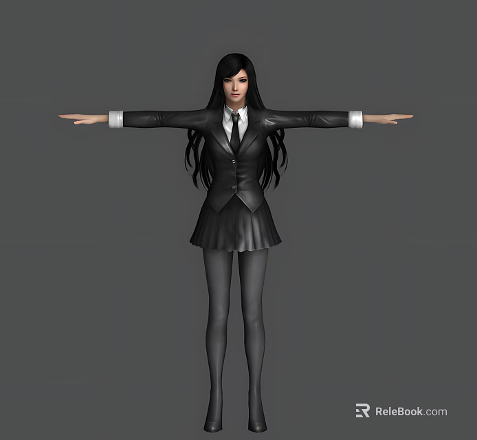 Long Haired Woman In Black Suit Jacket White Shirt And Tie Standing With Arms Outstretched 3d model 