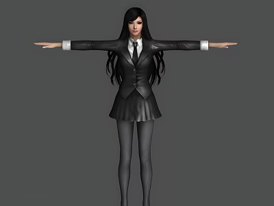 Long Haired Woman In Black Suit Jacket White Shirt And Tie Standing With Arms Outstretched 3d model