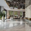 Modern Hotel Lobby Interior Design With Marble Floor Decorative Screens And Green Plants