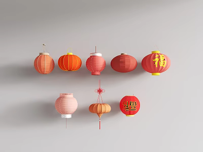 Traditional Chinese Decorative Lanterns With Red Orange Pink Colors And Fu Xi Characters 3d model