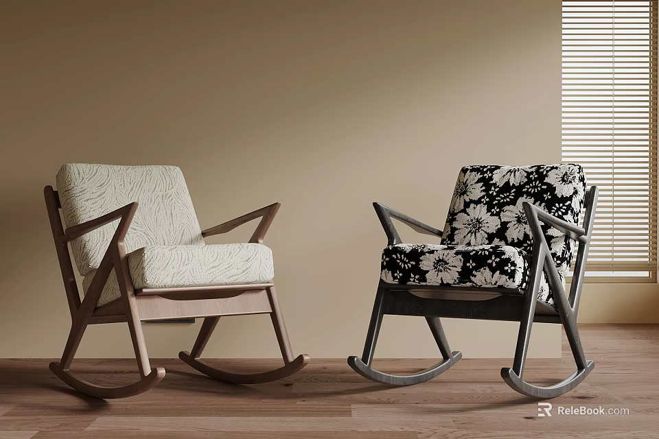 Modern Rocking Chairs With Wooden Frames Light Fabric And Floral Pattern Seats 3d model 
