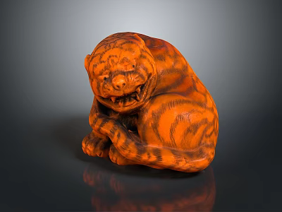 Curled Up Carved Orange Tiger Sculpture With Black Stripes And Fierce Expression 3d model