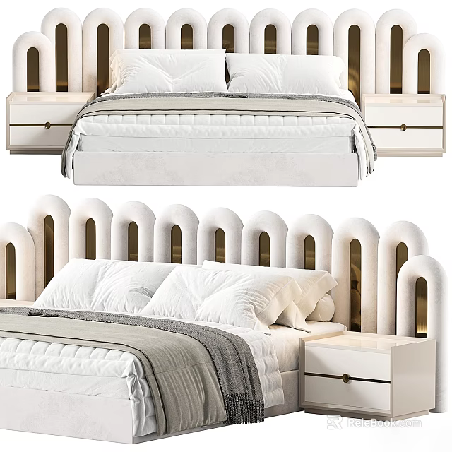 Upholstered White Double Bed In Bedroom With Arch Headboard Gold Accents And Nightstands 3d model 
