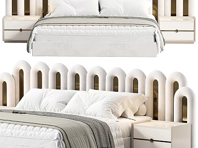 Upholstered White Double Bed In Bedroom With Arch Headboard Gold Accents And Nightstands 3d model