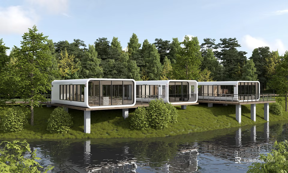 Modern Contemporary Hotel Building By Waterfront With Glass Curtain Walls And Lush Greenery 3d model 