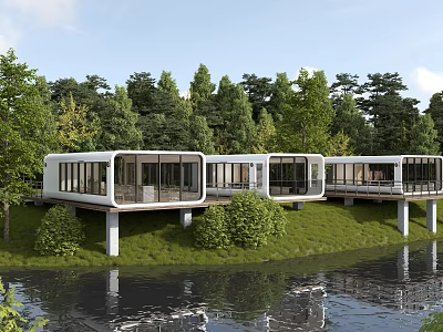 Modern Contemporary Hotel Building By Waterfront With Glass Curtain Walls And Lush Greenery 3d model