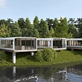 Modern Contemporary Hotel Building By Waterfront With Glass Curtain Walls And Lush Greenery