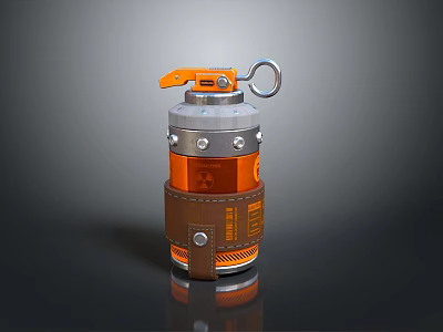 Tactical Grenade With Orange Pull Ring Silver Metallic Body And Brown Strap Mechanical Design 3d model