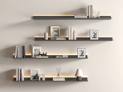 Modern Wall Mounted Shelving Unit With Books Photo Frames And Decorative Items 3d model