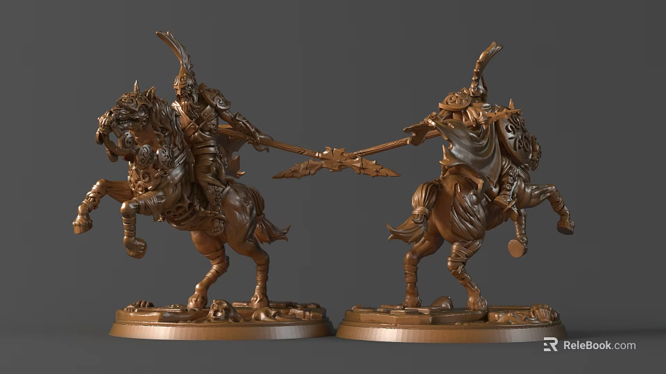 Detailed Bronze Horseback Warrior Sculptures With Rearing Horses And Decorative Pedestals 3d model 
