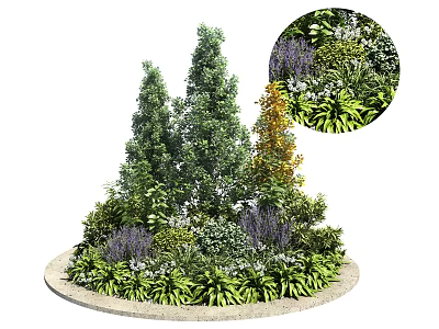 Round Flower Bed Planter With Various Green Shrubs And Purple Flowers In Decorative Outdoor Garden 3d model
