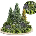 Round Flower Bed Planter With Various Green Shrubs And Purple Flowers In Decorative Outdoor Garden