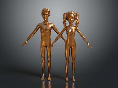 Golden Boy and Girl Statues Standing Together Holding Hands Against Gray Background 3d model