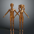 Golden Boy and Girl Statues Standing Together Holding Hands Against Gray Background