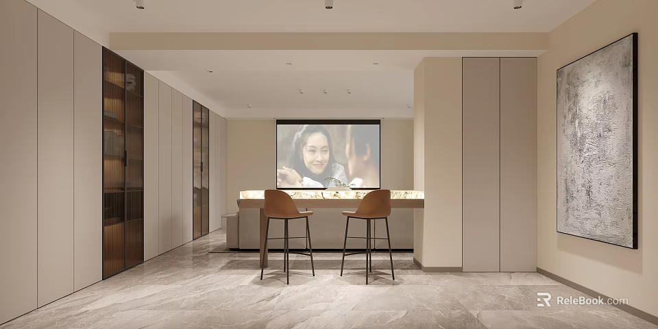 Modern Rec Room With Screen Counter And Bar Stools 3d model 