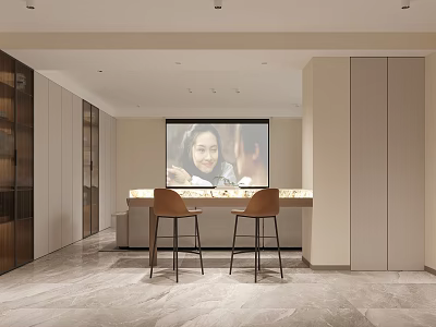 Modern Rec Room With Screen Counter And Bar Stools 3d model