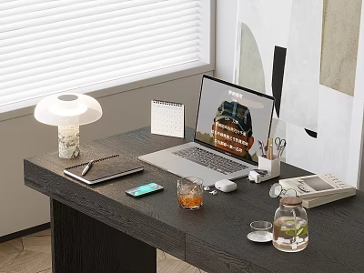 Modern Laptop Setup On Wooden Desk With Table Lamp Calendar Mobile Phone And Mouse 3d model