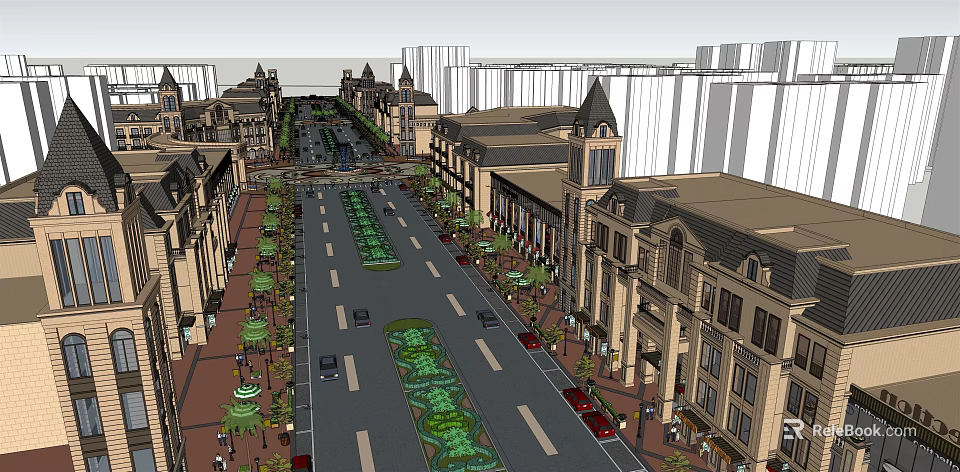 European Style Commercial Street With Trees Pedestrian Walkways And Historic Buildings 3d model 