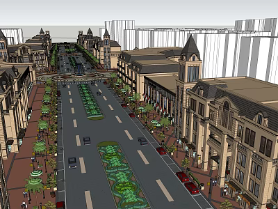 European Style Commercial Street With Trees Pedestrian Walkways And Historic Buildings 3d model
