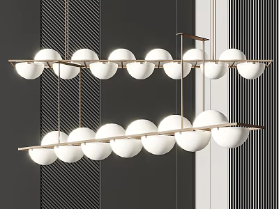 Modern Hanging Chandelier With Multiple White Spherical Lamps And Metal Frame Against Striped Wall 3d model