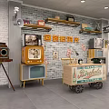 Retro TVs Display on Brick Wall with Vintage Shelves Old Camera and Decorative Cart