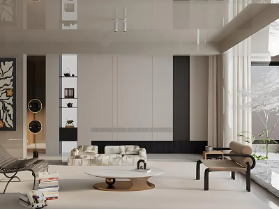 Modern Living Room Interior Design With Beige Sofa Round Coffee Table And Wall Cabinets 3d model