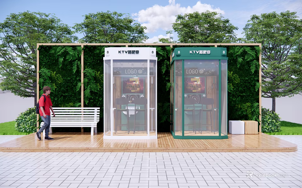 Green Plant Wall Decorated Outdoor Garden Landscape Features With Shared Phone Booths And White Bench 3d model 