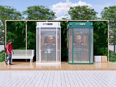 Green Plant Wall Decorated Outdoor Garden Landscape Features With Shared Phone Booths And White Bench 3d model
